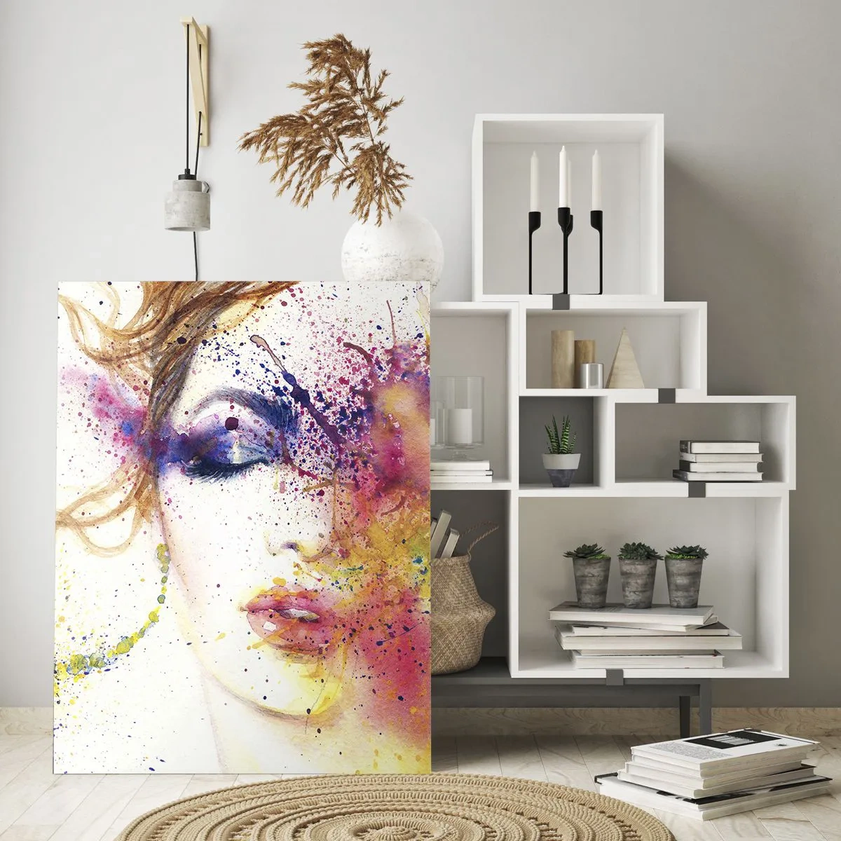 Cuadro sobre vidrio - Impresiones sobre Vidrio - Retrato abstracto de una mujer con salpicaduras de pintura de arcoíris - 50x70cm - Vértigo del arco iris - Decoración de pared moderna para salón y dormitorio ARTTOR