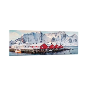 Cuadro sobre vidrio - Impresiones sobre Vidrio - Casas rojas con el telón de fondo de montañas nevadas y el mar azul. - 160x50cm - Un retiro en el norte - Decoración de pared moderna para salón y dormitorio ARTTOR