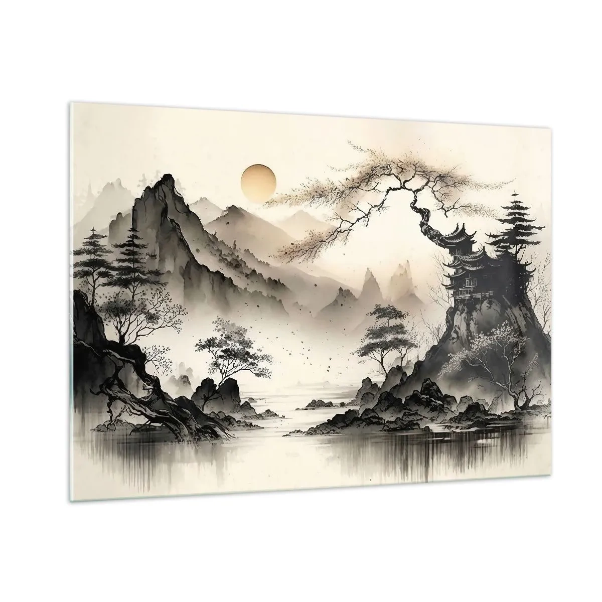 Cuadro sobre vidrio - Impresiones sobre Vidrio - Paisaje montañoso oriental con pagoda y árboles. - 100x70cm - El encanto único de Oriente - Decoración de pared moderna para salón y dormitorio ARTTOR