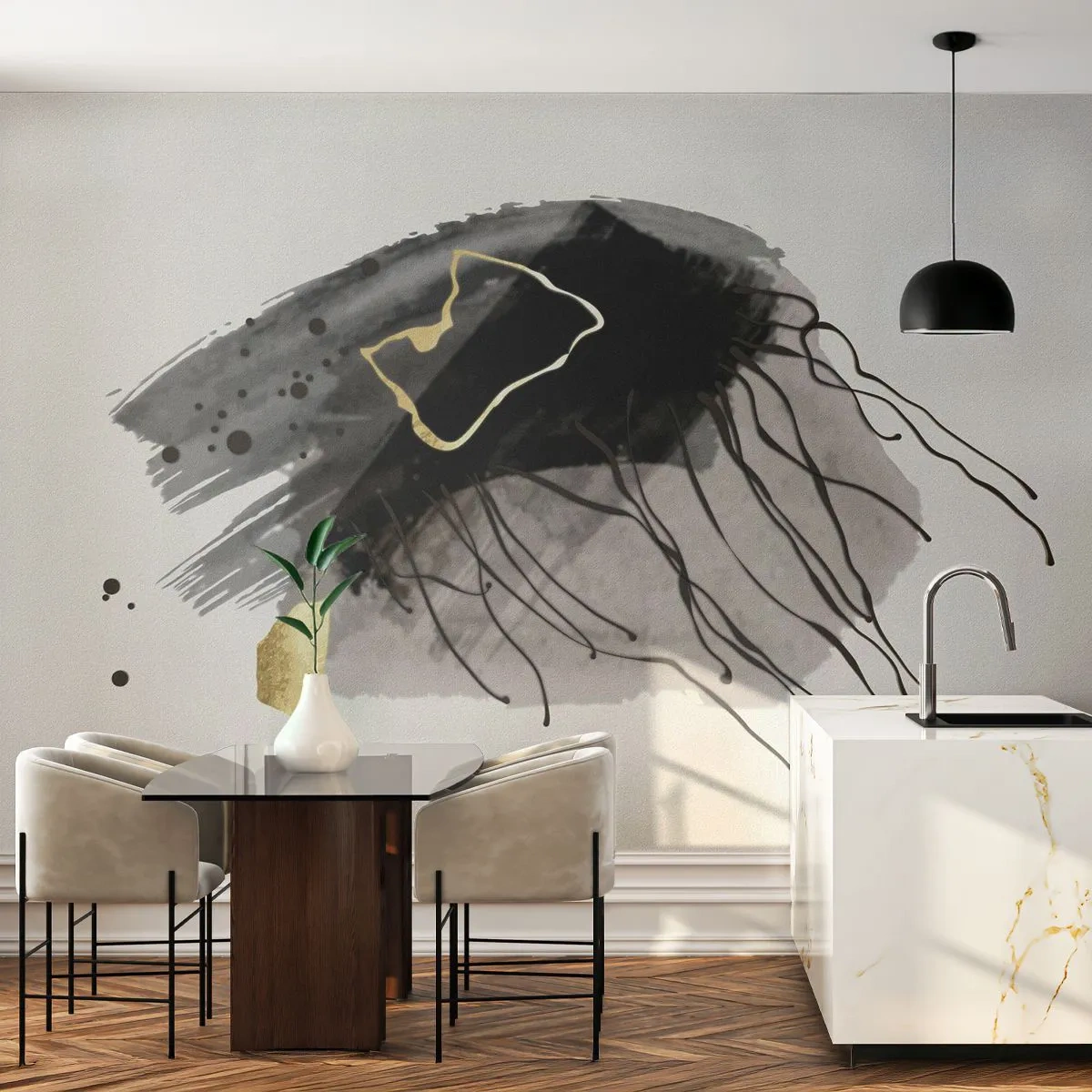 Fotomural Premium Canvas - En negro y dorado - Abstracción, Pedazo, Gráficos - 250x175 cm