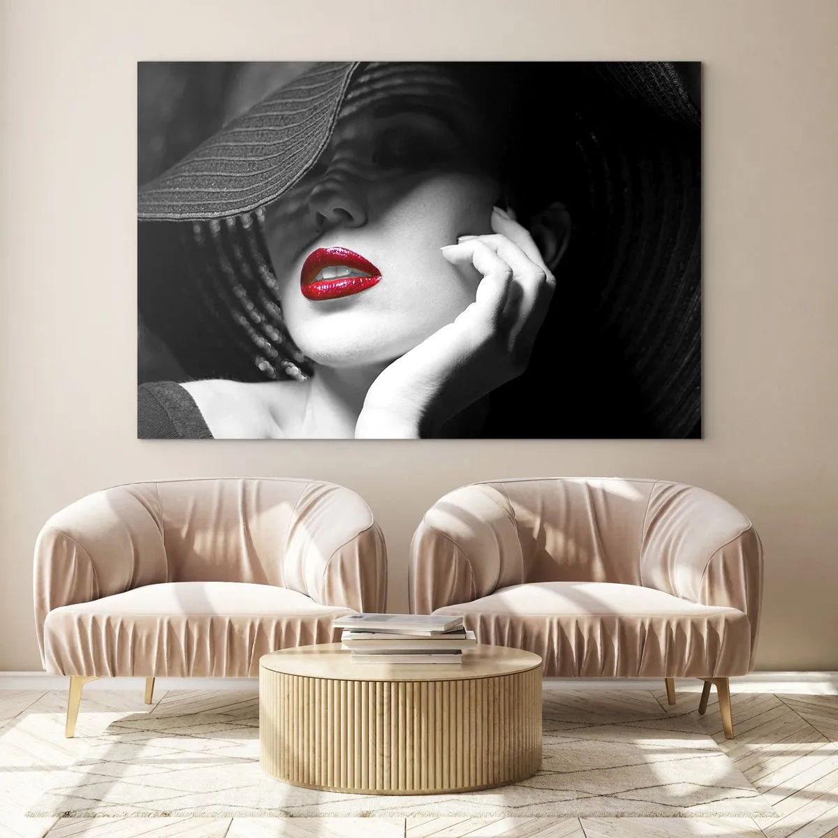 Cuadro sobre vidrio - Impresiones sobre Vidrio - Composición en blanco y negro con acento de labios rojos. - 120x80cm - Estudio en escarlata - Decoración de pared moderna para salón y dormitorio ARTTOR