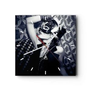 Reloj de pared - Reloj de vidrio - Una mujer con una máscara veneciana sobre un fondo de patrones ornamentados. - 30x30cm - Decoraciones, adornos, patrones... - Decoración de pared moderna para salón y dormitorio ARTTOR