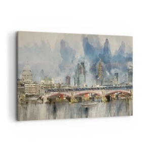 Cuadro sobre lienzo - Impresión de Imagen - Vista en acuarela del puente y el horizonte de la ciudad. - 100x70cm - Londres en todo su esplendor - Decoración de pared moderna para salón y dormitorio ARTTOR