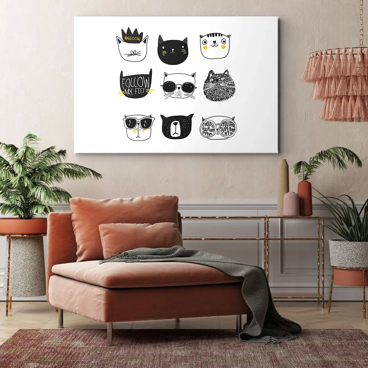 Cuadro sobre lienzo - Impresión de Imagen - Ilustraciones de gatos con estilo minimalista - 100x70cm - Cada uno diferente - Decoración de pared moderna para salón y dormitorio ARTTOR