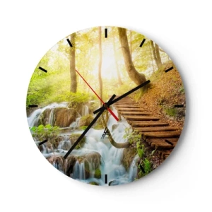 Reloj de pared - Reloj de vidrio - Un camino de madera junto a cascadas en un bosque iluminado por el sol. - 30x30cm - El ansiado frescor - Decoración de pared moderna para salón, cocina y dormitorio ARTTOR