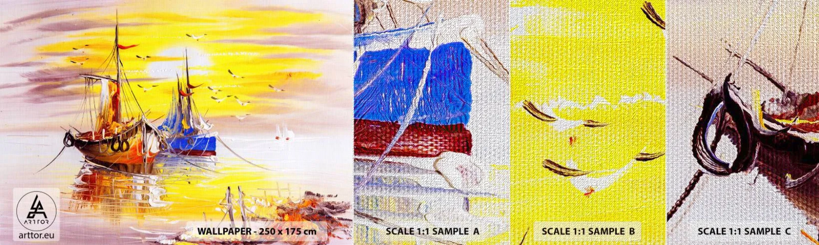 Muestra de fotomural Premium Canvas - Un merecido descanso en el puerto - Barco de pesca, Pesca, Aves - 100x30 cm