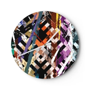 Reloj de pared - Reloj de vidrio - Patrones geométricos en colores intensos con efecto abstracto. - 30x30cm - Elevado al cuadrado - Decoración de pared moderna para salón, cocina y dormitorio ARTTOR