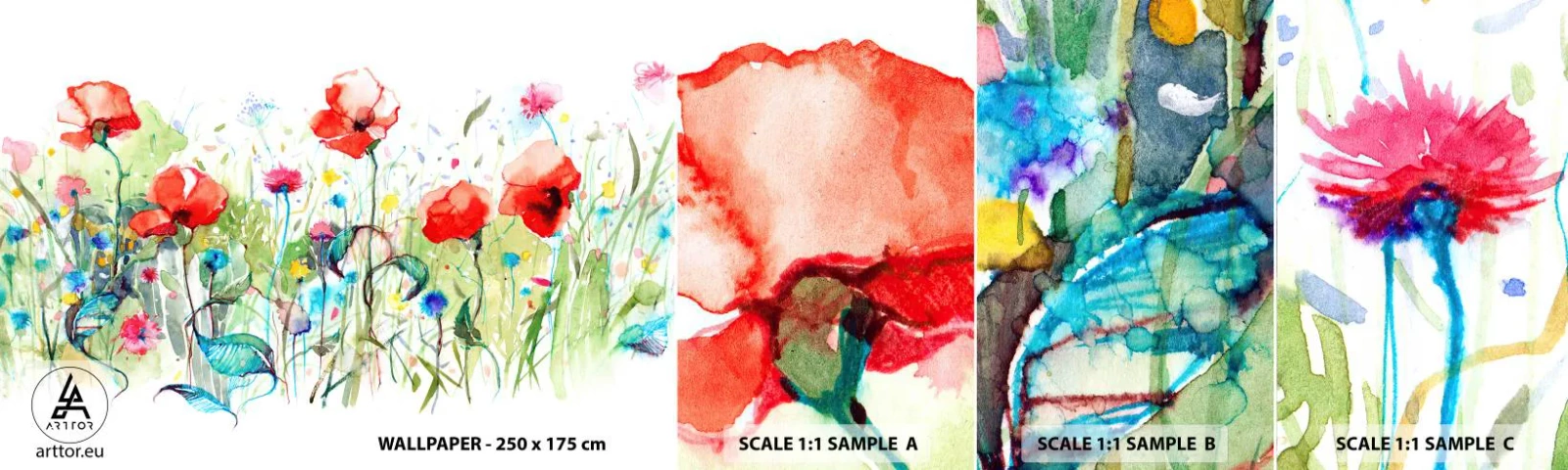 Muestra de fotomural autoadhesivo Deluxe Sticker - Un prado en flor en mayo - flores, amapolas, Jardín - 100x30 cm