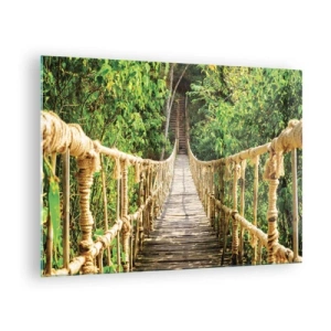 Cuadro sobre vidrio - Impresiones sobre Vidrio - Un puente de cuerda de madera rodeado de exuberante vegetación. - 70x50cm - Suspendido en verde - Decoración de pared moderna para salón y dormitorio ARTTOR