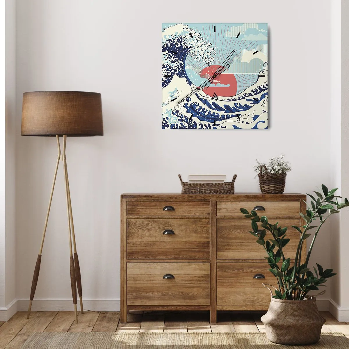 Reloj de pared - Reloj de vidrio - Olas del océano y una puesta de sol al estilo japonés - 30x30cm - De inspiración japonesa - Decoración de pared moderna para salón y dormitorio ARTTOR