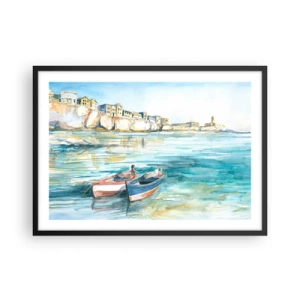 Póster en marco negro - Un pintoresco paisaje costero con barcos en el agua. - 70x50cm - Paisaje en azul - Decoración de pared moderna para salón y dormitorio ARTTOR