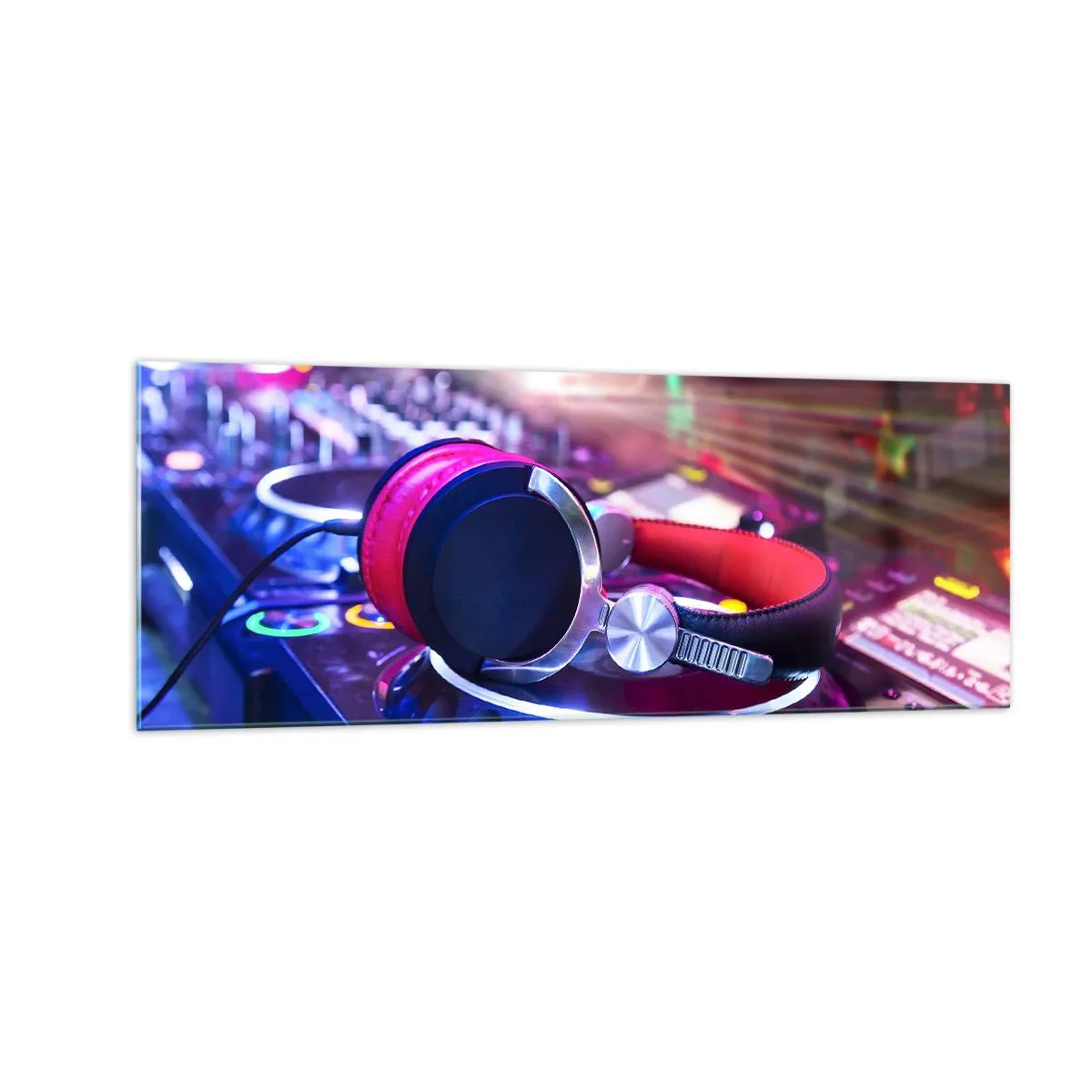Cuadro sobre vidrio - Impresiones sobre Vidrio - Auriculares de DJ en una consola iluminada por focos en una fiesta - 140x50cm - Empieza la fiesta - Decoración de pared moderna para salón y dormitorio ARTTOR