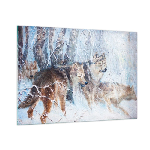 Cuadro sobre vidrio - Impresiones sobre Vidrio - Tres lobos en un bosque invernal rodeado de nieve. - 100x70cm - ¡Cuidado! Aquí viene... - Decoración de pared moderna para salón y dormitorio ARTTOR