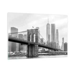 Cuadro sobre vidrio - Impresiones sobre Vidrio - Fotografía en blanco y negro de un puente y paisaje urbano. - 120x80cm - Vibraciones de Nueva York - Decoración de pared moderna para salón y dormitorio ARTTOR