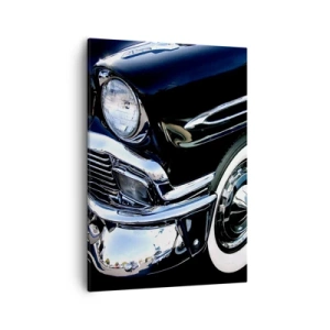 Cuadro sobre lienzo - Impresión de Imagen - Primer plano del faro y el guardabarros de un coche clásico negro - 50x70cm - Clásicos en plata, negro y blanco - Decoración de pared moderna para salón y dormitorio ARTTOR