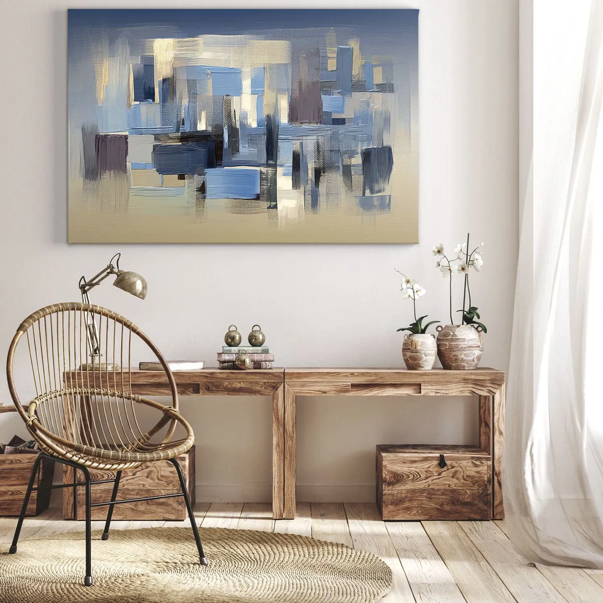 Cuadro sobre lienzo - Impresión de Imagen - Formas geométricas en tonos azules y beige. - 70x50cm - Construcción azul - Decoración de pared moderna para salón y dormitorio ARTTOR