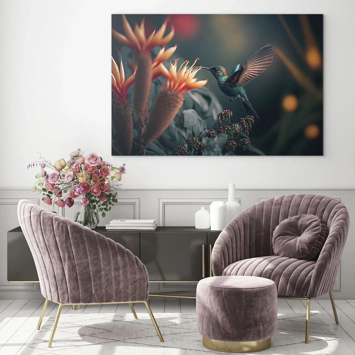 Cuadro sobre vidrio - Impresiones sobre Vidrio - Un colibrí vuela sobre flores exóticas entre las hojas. - 70x50cm - Una vida verdaderamente colorida - Decoración de pared moderna para salón y dormitorio ARTTOR