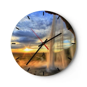 Reloj de pared - Reloj de vidrio - Cascada con vista al atardecer - 30x30cm - El mundo tras el velo de las gotas - Decoración de pared moderna para salón, cocina y dormitorio ARTTOR