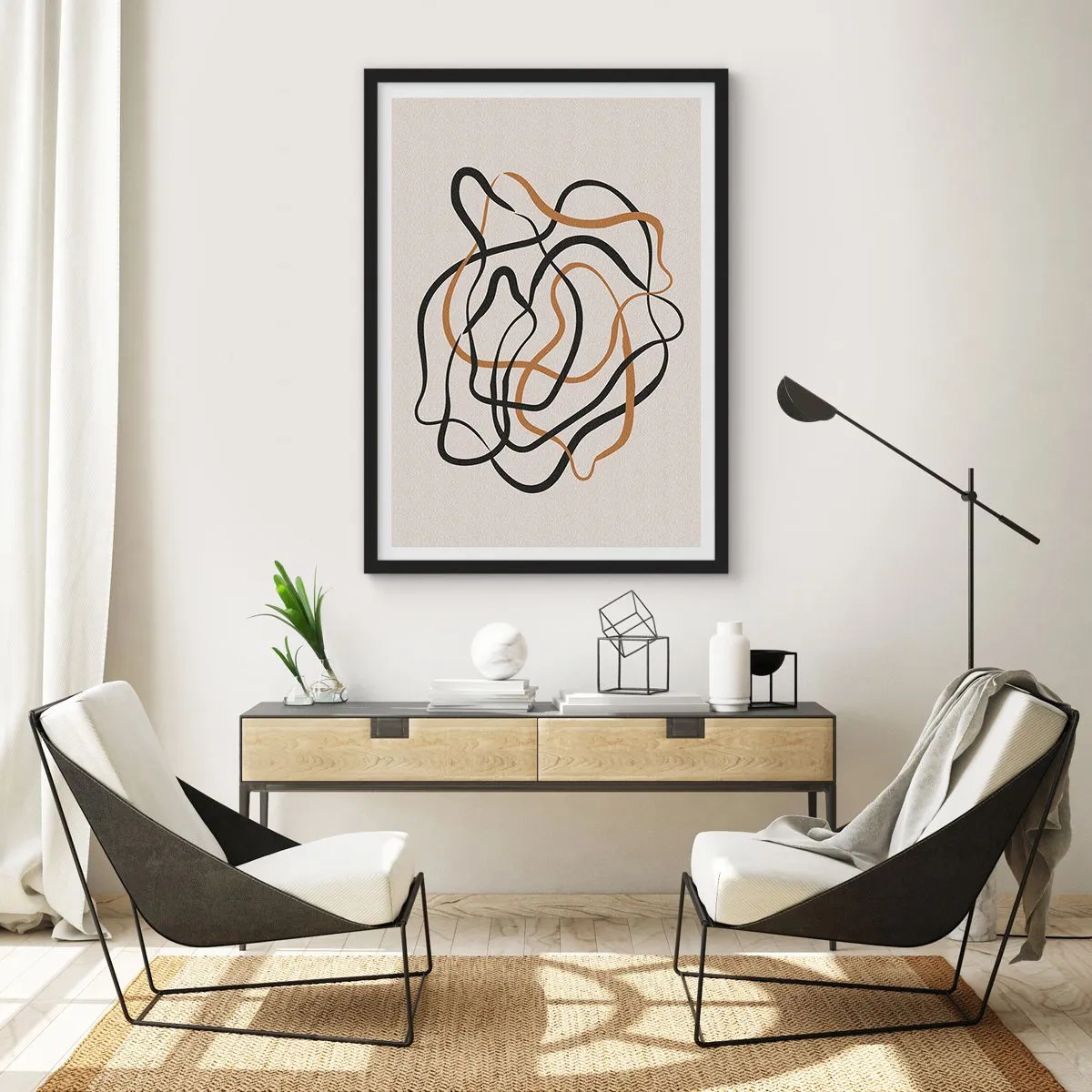 Póster en marco negro - Líneas abstractas enredadas en negro y dorado sobre beige - 50x70cm - Todo ha salido mal - Decoración de pared moderna para salón y dormitorio ARTTOR