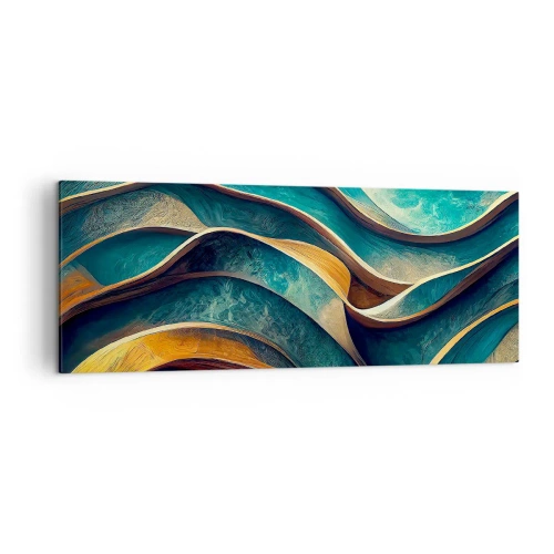 Cuadro sobre lienzo - Impresión de Imagen - Ondas abstractas en tonos turquesa y dorado - 140x50cm - Meandros de azul - Decoración de pared moderna para salón y dormitorio ARTTOR