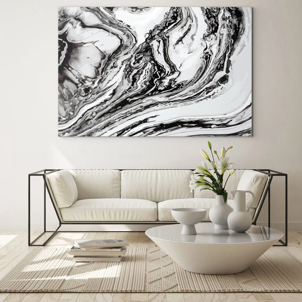 Cuadro sobre vidrio - Impresiones sobre Vidrio - Un patrón abstracto en tonos de blanco y negro que se asemeja a ondas. - 70x50cm - Al principio existía el caos - Decoración de pared moderna para salón y dormitorio ARTTOR