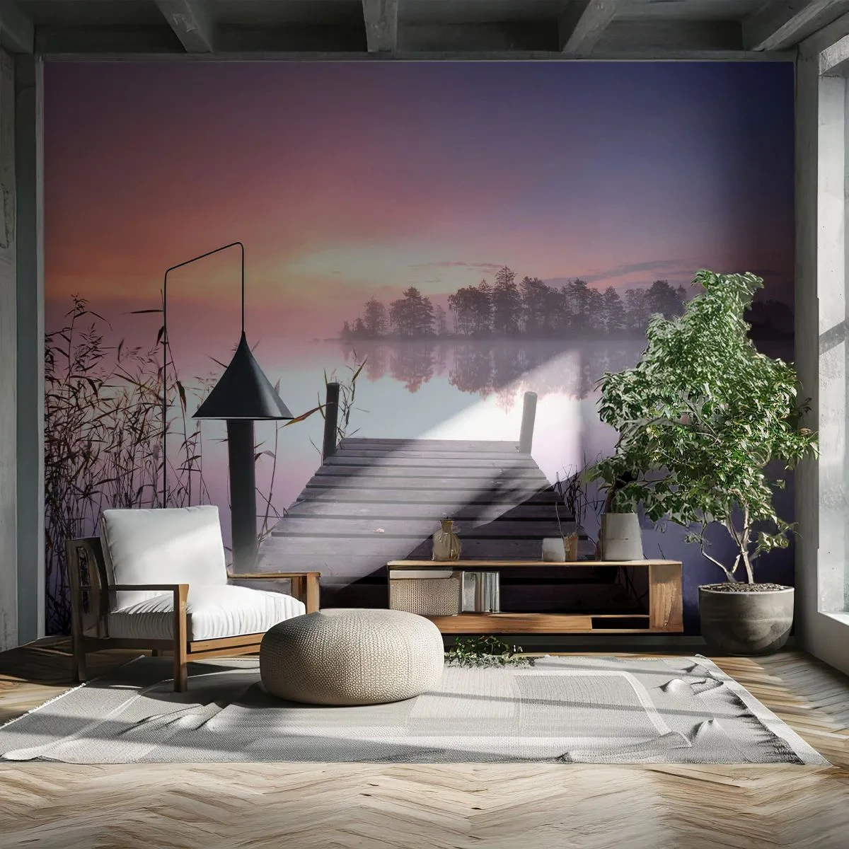 Fotomural Premium Sand - De la niebla lila... - Paisaje, Amanecer, Lago - 300x210 cm