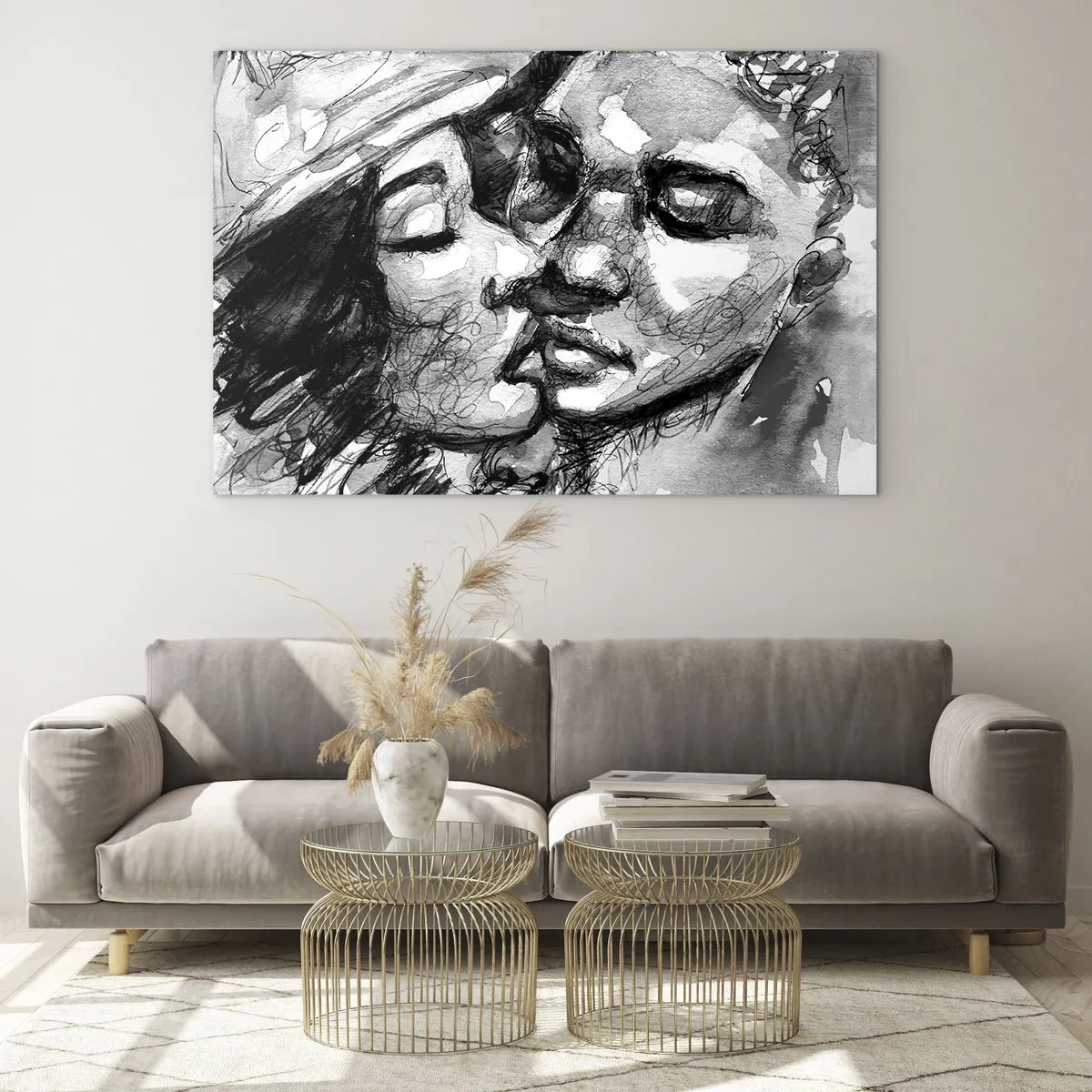 Cuadro sobre vidrio - Impresiones sobre Vidrio - Boceto en blanco y negro de un tierno beso. - 70x50cm - Un momento tierno - Decoración de pared moderna para salón y dormitorio ARTTOR