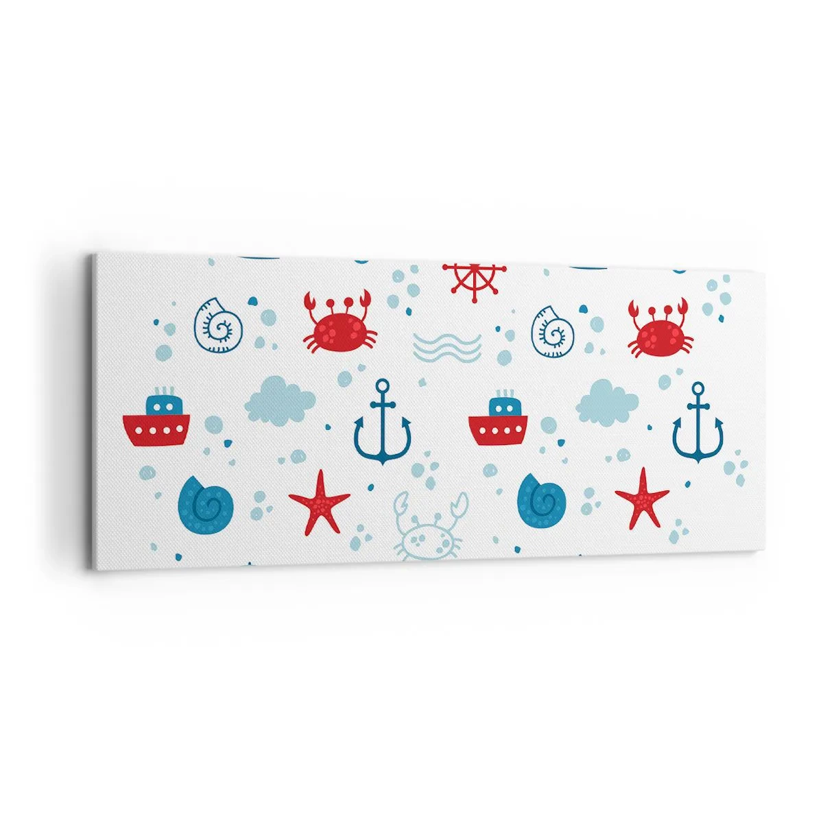 Cuadro sobre lienzo - Impresión de Imagen - Patrón náutico con anclas, barcos y cangrejos. - 120x50cm - Un cuento de mar - Decoración de pared moderna para salón y dormitorio ARTTOR