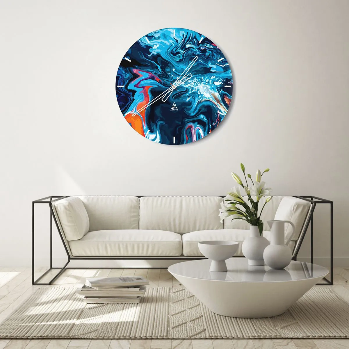 Reloj de pared - Reloj de vidrio - Un motivo abstracto dinámico en tonos azules. - 30x30cm - Un viaje al cielo - Decoración de pared moderna para salón, cocina y dormitorio ARTTOR