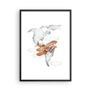 Póster en marco negro - Un biplano sobre un mapa del mundo en las nubes. - 50x70cm - Con espíritu pionero - Decoración de pared moderna para salón y dormitorio ARTTOR