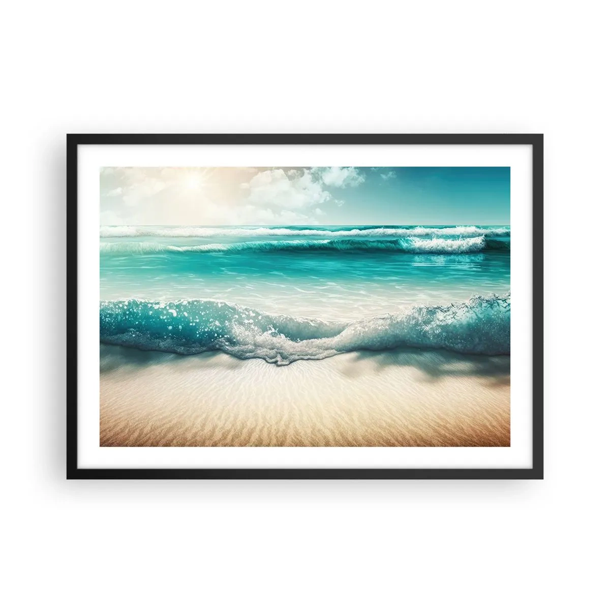 Póster en marco negro - Olas del océano en una playa de arena clara - 70x50cm - Calma oceánica - Decoración de pared moderna para salón y dormitorio ARTTOR