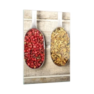 Cuadro sobre vidrio - Impresiones sobre Vidrio - Tres cucharas con especias sobre un fondo de madera rústica. - 50x70cm - La magia de la cocina - Decoración de pared moderna para salón y dormitorio ARTTOR