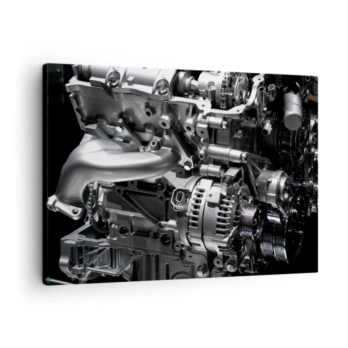 Cuadro sobre lienzo - Impresión de Imagen - Primer plano de piezas metálicas del motor sobre un fondo negro - 70x50cm - Acero, hermoso, fuerte - Decoración de pared moderna para salón y dormitorio ARTTOR