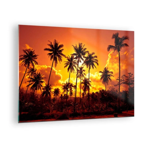 Cuadro sobre vidrio - Impresiones sobre Vidrio - Palmeras con el telón de fondo de una puesta de sol ardiente - 70x50cm - Las montañas arden, los bosques arden - Decoración de pared moderna para salón y dormitorio ARTTOR