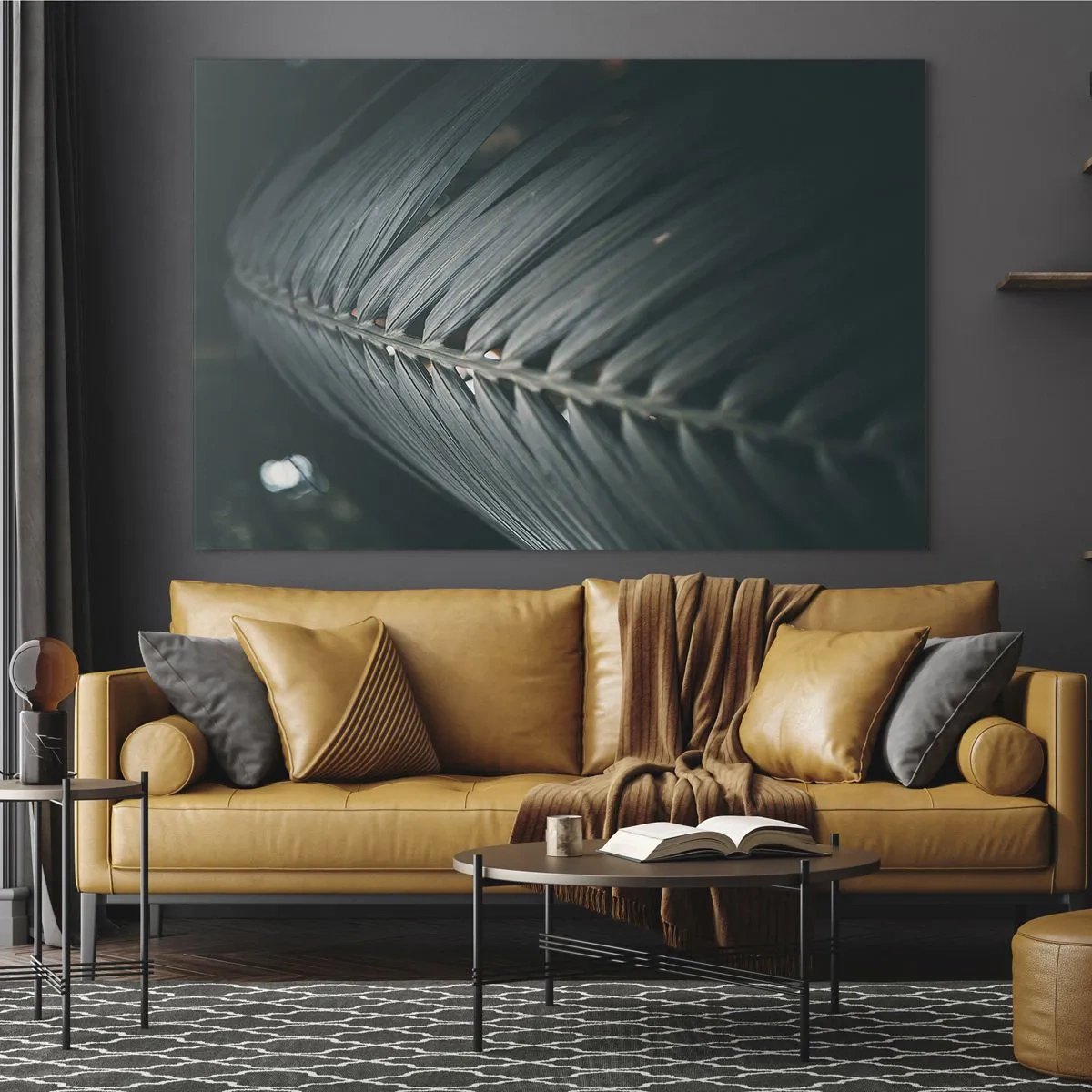 Cuadro sobre vidrio - Impresiones sobre Vidrio - Primer plano de una hoja de palma verde oscuro con reflejo de luz. - 120x80cm - La precisión de la naturaleza - Decoración de pared moderna para salón y dormitorio ARTTOR