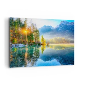 Cuadro sobre lienzo - Impresión de Imagen - Un lago rodeado de montañas y bosques bajo los rayos del sol. - 120x80cm - Majestuosidad y dulzura - Decoración de pared moderna para salón y dormitorio ARTTOR