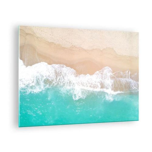 Cuadro sobre vidrio - Impresiones sobre Vidrio - Vista aérea de la playa con agua turquesa y olas blancas. - 70x50cm - Un toque acariciador - Decoración de pared moderna para salón y dormitorio ARTTOR