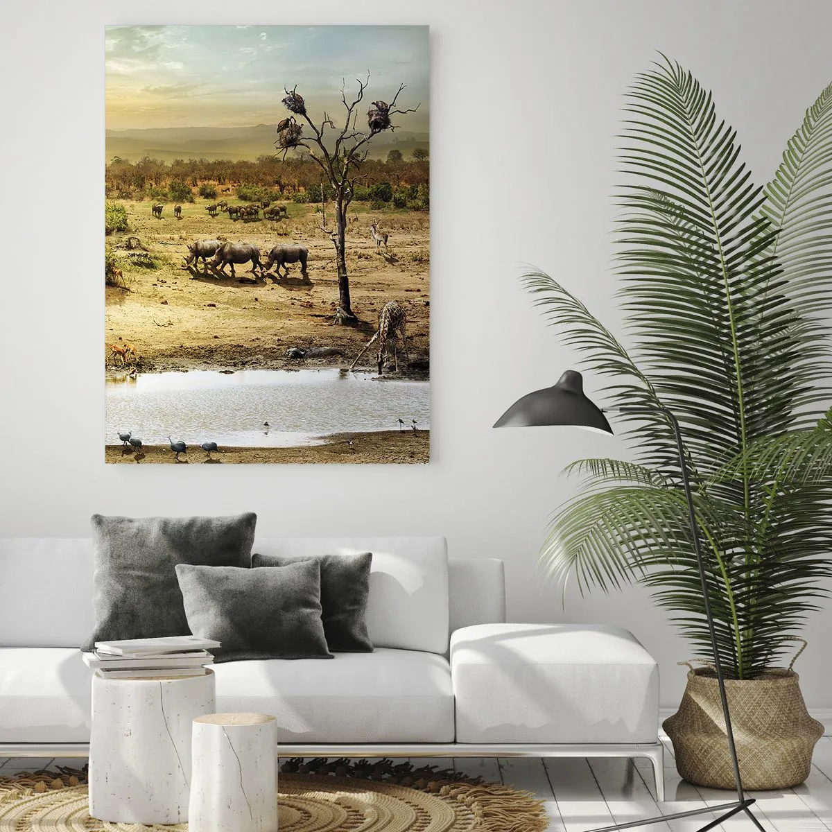 Cuadro sobre vidrio - Impresiones sobre Vidrio - Elefantes y animales salvajes en un abrevadero al atardecer - 70x100cm - Y del Edén fluyó un río... - Decoración de pared moderna para salón y dormitorio ARTTOR
