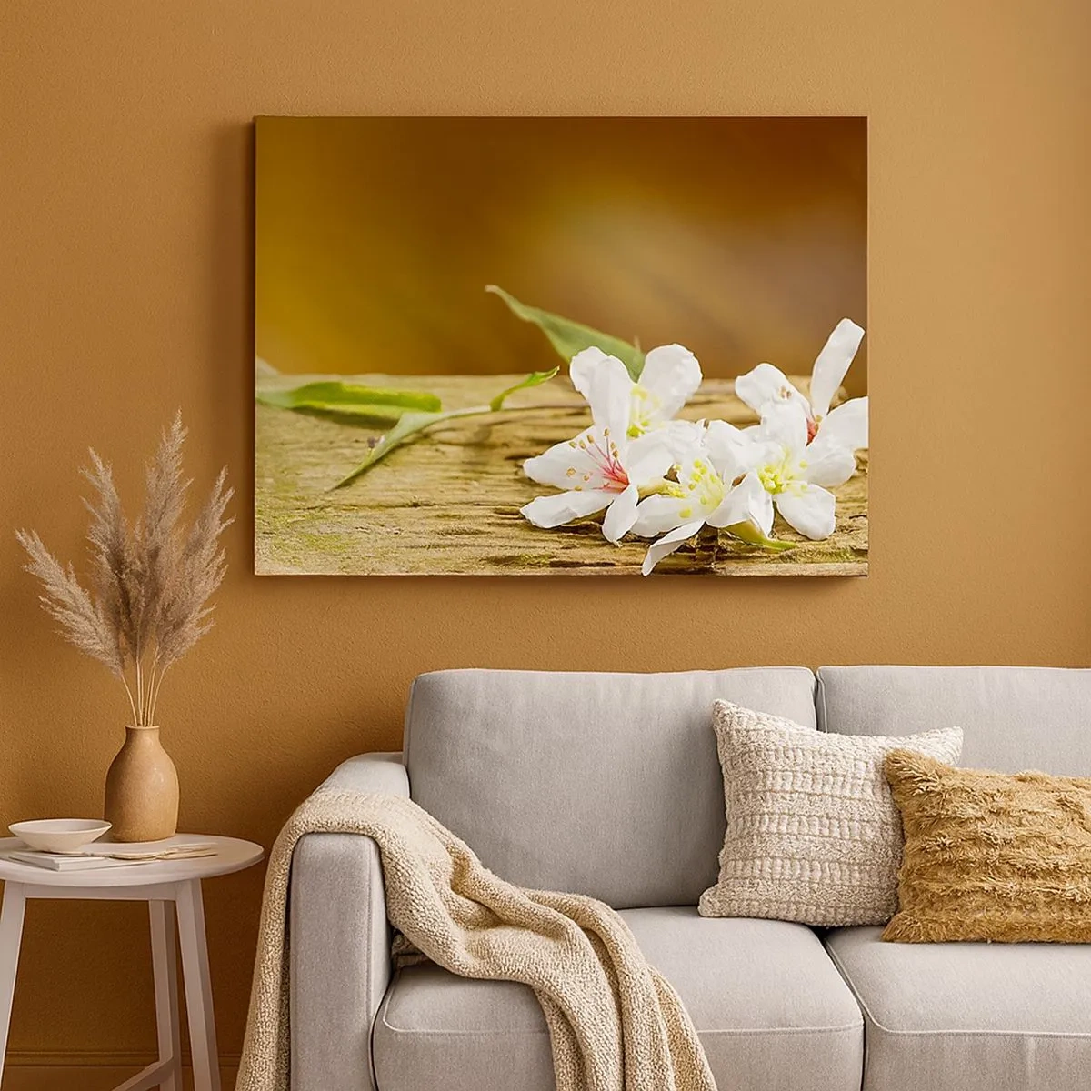 Cuadro sobre lienzo - Impresión de Imagen - Flores blancas sobre un fondo de madera con luz natural. - 70x50cm - Una promesa inocente - Decoración de pared moderna para salón y dormitorio ARTTOR