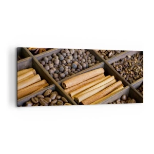 Cuadro sobre lienzo - Impresión de Imagen - Especias y café en compartimentos de madera. - 120x50cm - Un tesoro de aromas - Decoración de pared moderna para salón y dormitorio ARTTOR