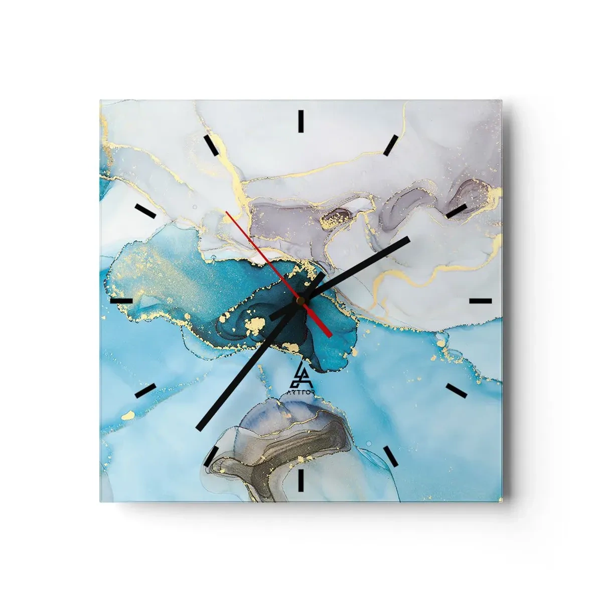 Reloj de pared - Reloj de vidrio - Abstracción en tonos azules y dorados con líneas sutiles. - 30x30cm - Un estudio del encuentro entre el gris y el turquesa - Decoración de pared moderna para salón y dormitorio ARTTOR