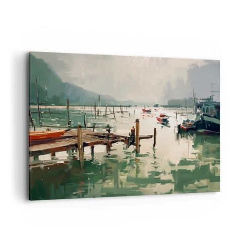 Cuadro sobre lienzo - Impresión de Imagen - Un puerto pintoresco con barcos en aguas tranquilas. - 120x80cm - Empapado en la luna fundida - Decoración de pared moderna para salón y dormitorio ARTTOR