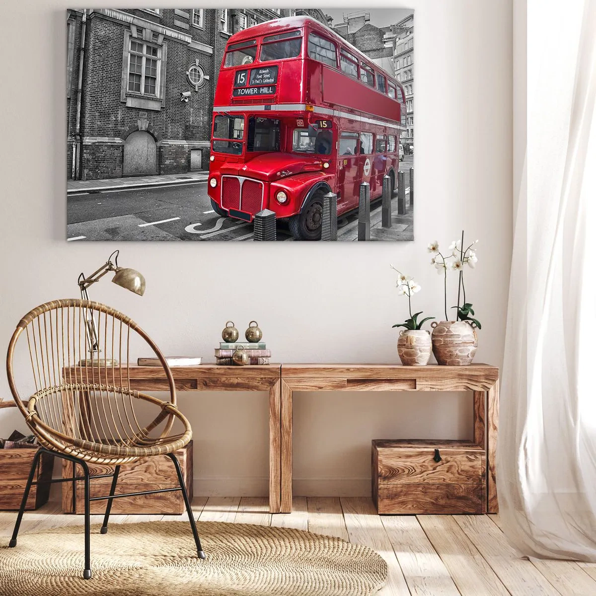 Cuadro sobre lienzo - Impresión de Imagen - Un autobús rojo de dos pisos en Londres con un fondo de arquitectura clásica. - 100x70cm - El mismo de siempre - Decoración de pared moderna para salón y dormitorio ARTTOR