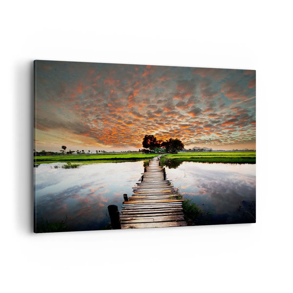 Cuadro sobre lienzo - Impresión de Imagen - Puente de madera sobre el agua al atardecer - 120x80cm - Extiende tus brazos - respira  - Decoración de pared moderna para salón y dormitorio ARTTOR
