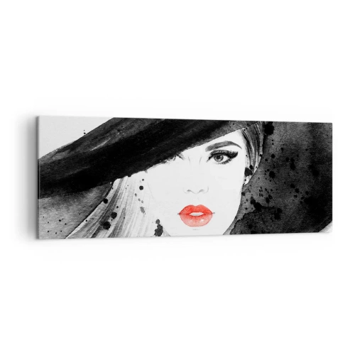 Cuadro sobre lienzo - Impresión de Imagen - Retrato de una mujer con sombrero y labios rojos. - 140x50cm - Dama de negro - Decoración de pared moderna para salón y dormitorio ARTTOR
