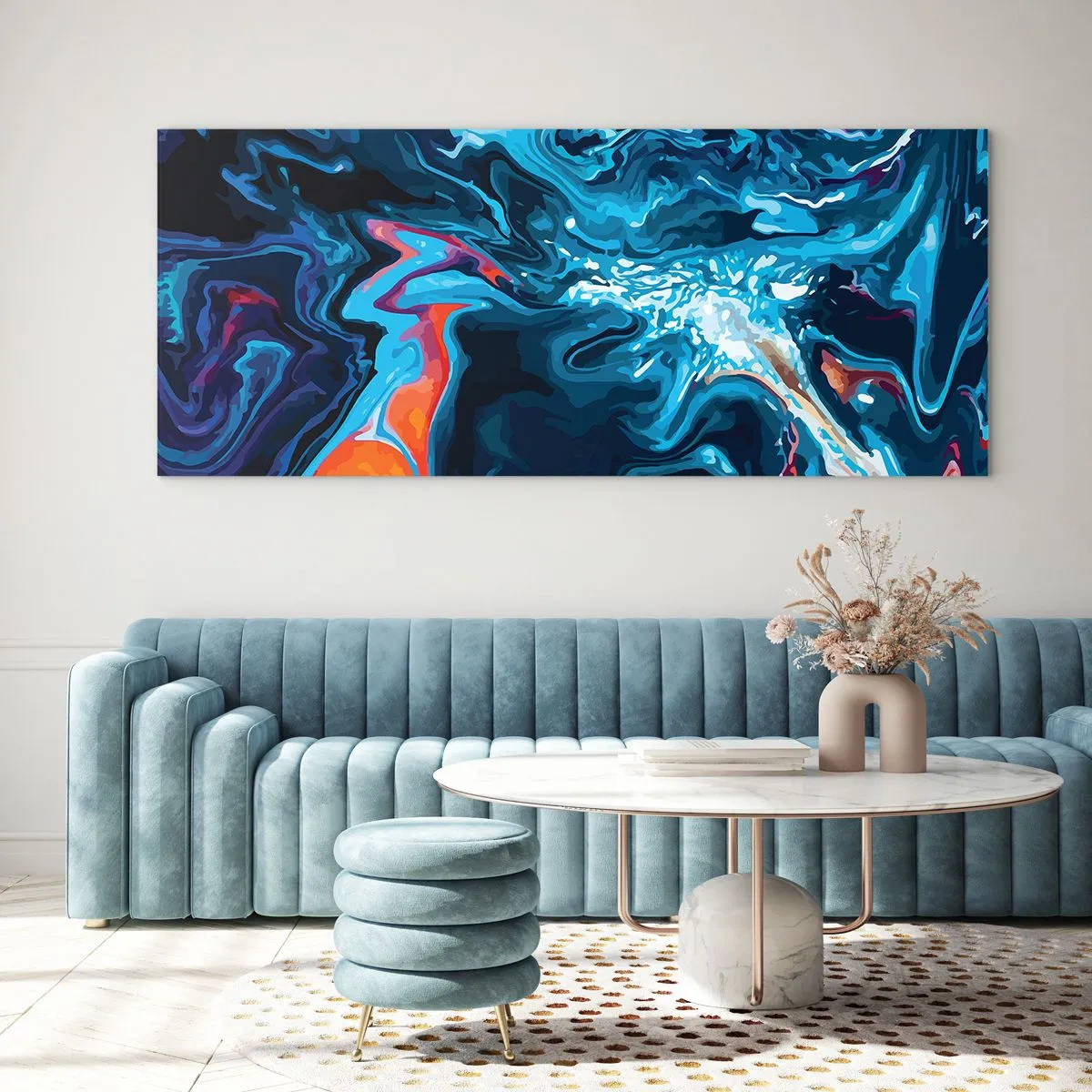 Cuadro sobre vidrio - Impresiones sobre Vidrio - Un patrón abstracto en tonos azules con acentos naranjas. - 160x50cm - Un viaje al cielo - Decoración de pared moderna para salón y dormitorio ARTTOR