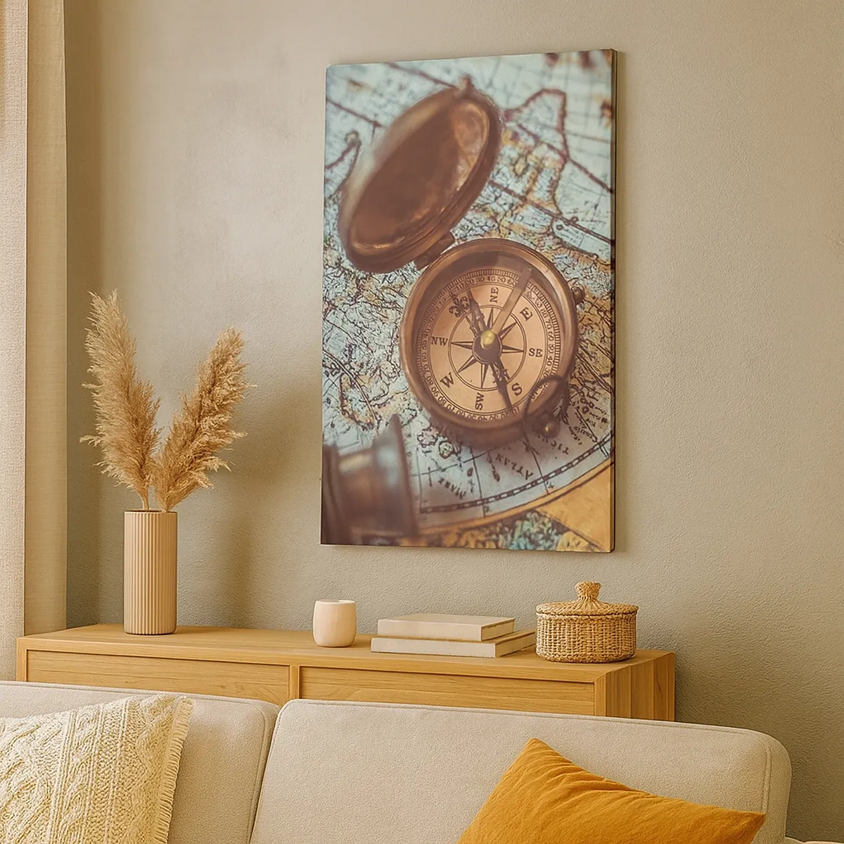 Cuadro sobre lienzo - Impresión de Imagen - Composición con brújula, llaves y un mapa antiguo en estilo retro - 50x70cm - Para el aventurero - Decoración de pared moderna para salón y dormitorio ARTTOR