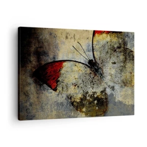 Cuadro sobre lienzo - Impresión de Imagen - Una mariposa en tonos rojos y grises sobre un fondo texturizado. - 70x50cm - Mira antes de que desaparezca - Decoración de pared moderna para salón y dormitorio ARTTOR