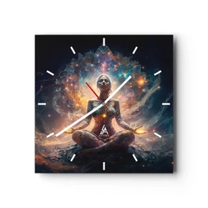 Reloj de pared - Reloj de vidrio - Una figura meditando rodeada de patrones y colores energéticos. - 30x30cm - Flujo de buena energía - Decoración de pared moderna para salón y dormitorio ARTTOR