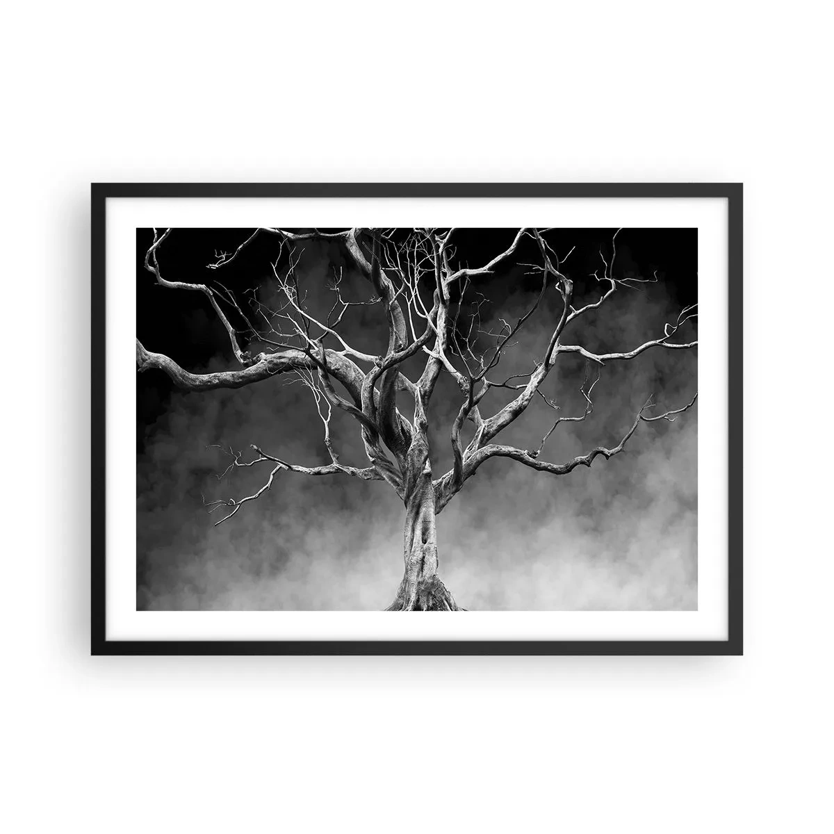 Póster en marco negro - Un árbol seco en blanco y negro contra la niebla. - 70x50cm - Primordial y sagrado - Decoración de pared moderna para salón y dormitorio ARTTOR